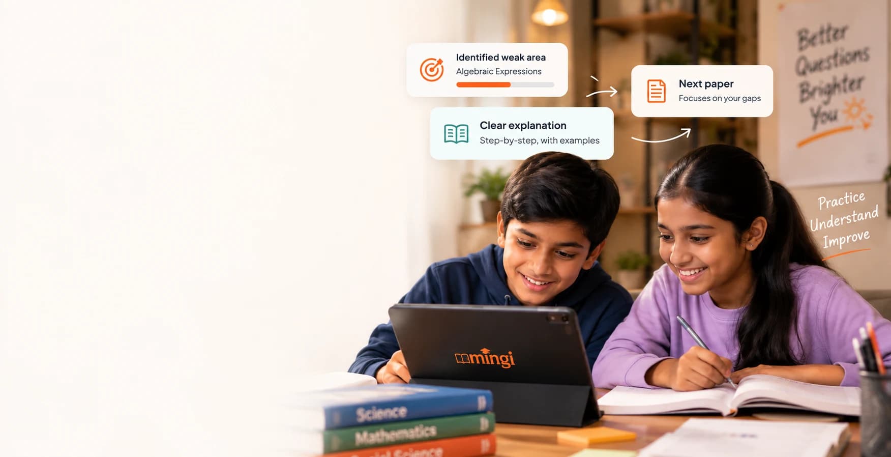 Two students learning with the Mingi app on a tablet at home