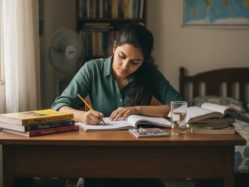 Class 12 student solving a timed CBSE practice paper at a home desk with natural window light