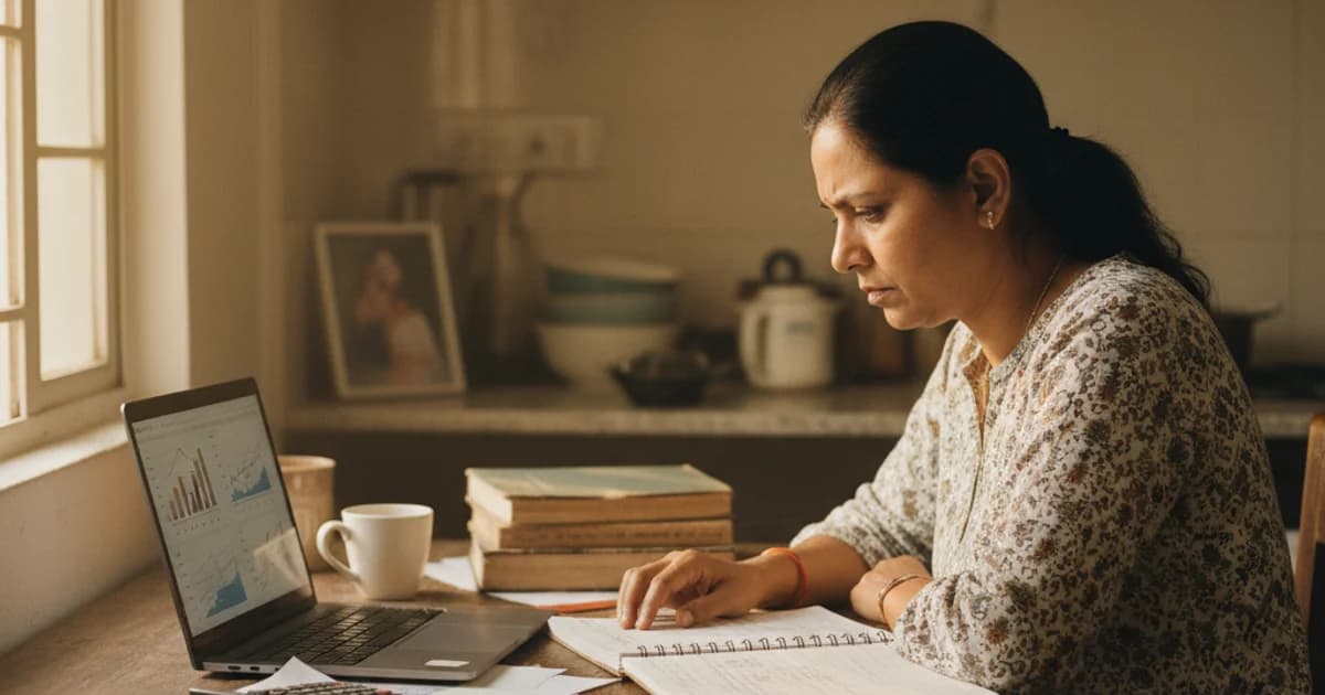 Indian parent comparing tuition receipt and laptop with practice app at kitchen table