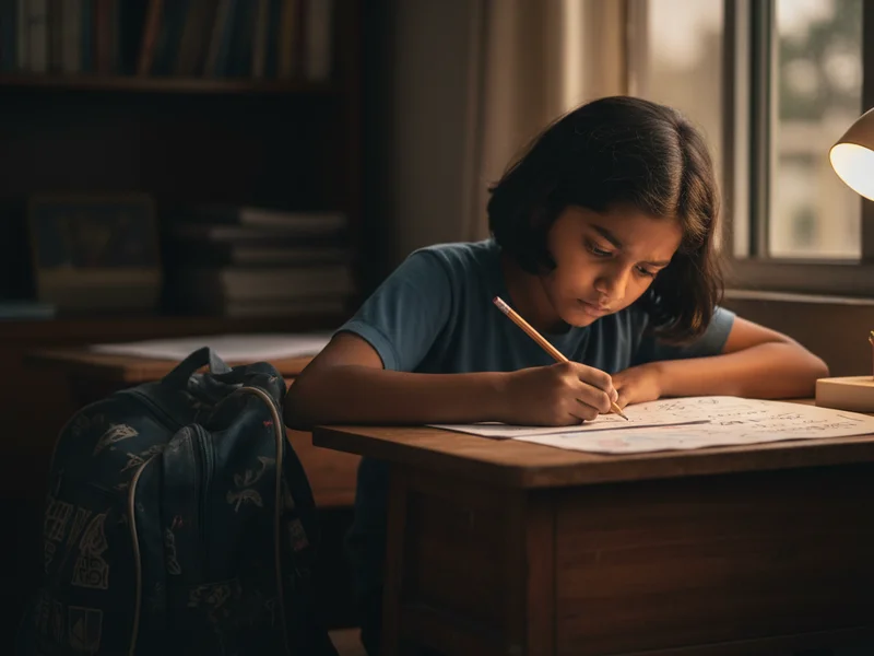 Student doing evening worksheet drill at desk while tuition bag sits in corner