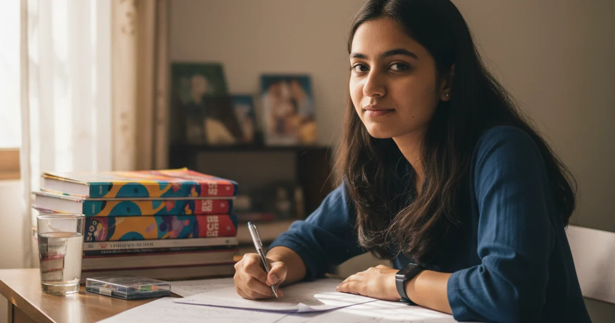 Class 12 student solving CBSE practice paper at desk with textbooks