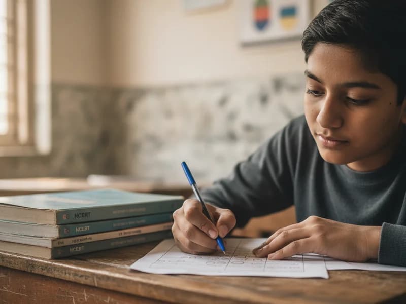 Class 10 student circling wrong answers on pre-board marksheet at study desk