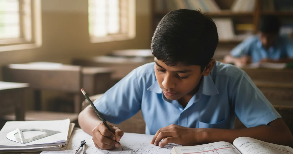 Class 10 student solving Maths problems with graph paper and textbook at desk
