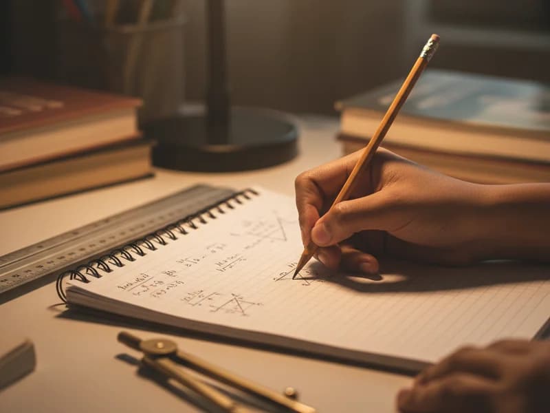 Student writing step-by-step trigonometry proof in notebook