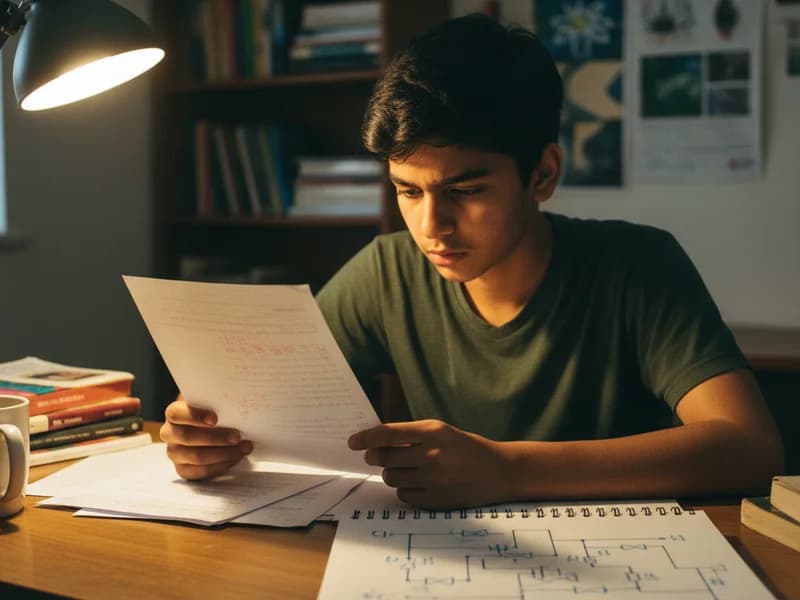 Student reviewing graded Science MCQ report with circuit diagram feedback