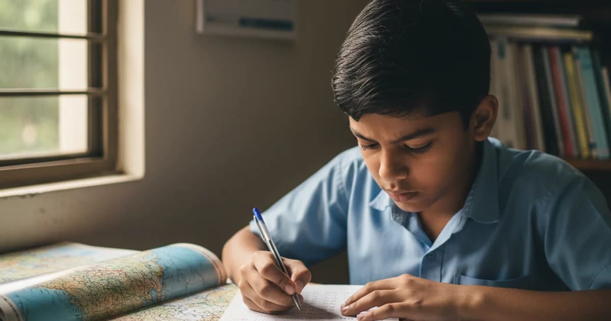 Class 10 student studying CBSE Social Science map and timeline at desk