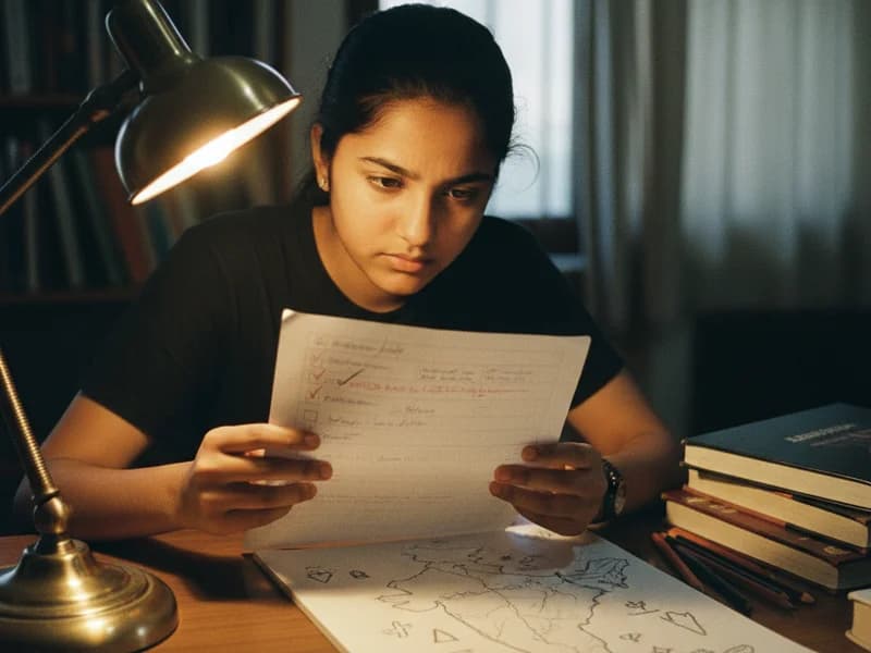 Student reviewing graded SST worksheet with map question feedback