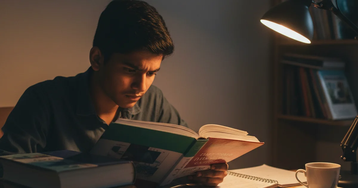 Class 12 Science student with Physics Chemistry Maths textbooks at study desk