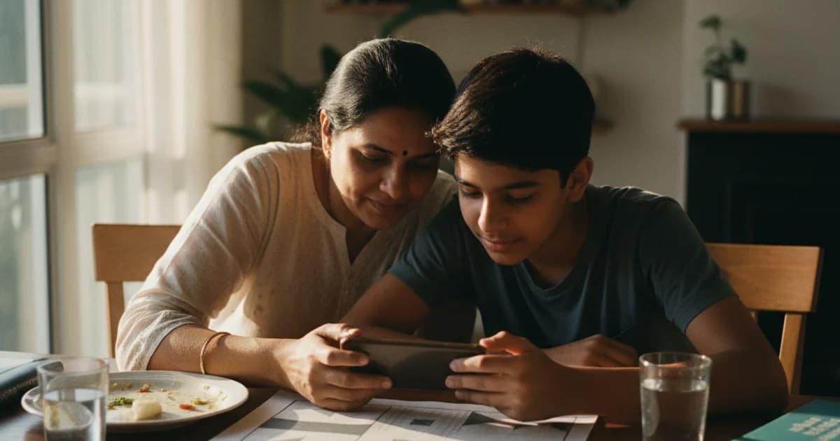 Parent helping student photograph school test paper for upload to learning app
