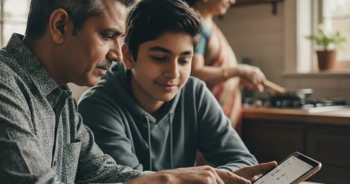 Parent reviewing edtech app privacy settings with child at home