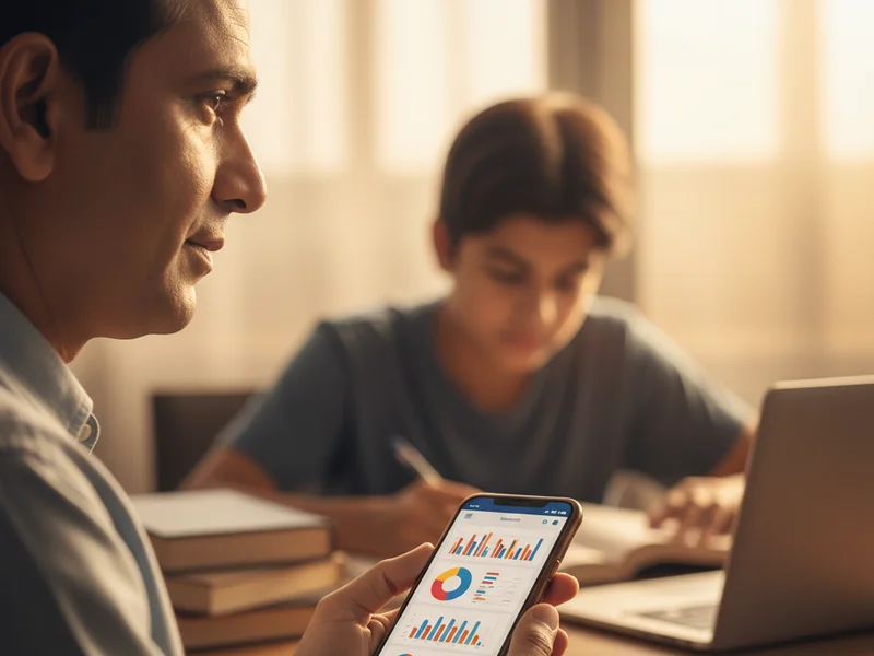 Parent reading privacy settings on phone while child studies nearby