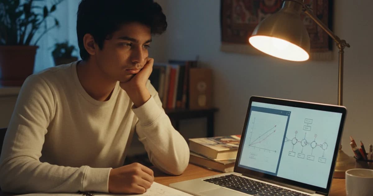 Indian student using homework helper with notebook photo and chat on split screen