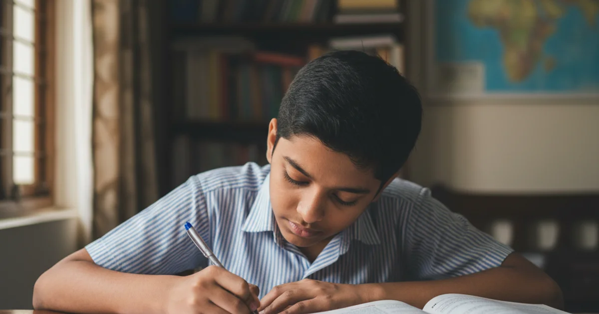 ICSE Class 10 student practising English grammar transformations in notebook