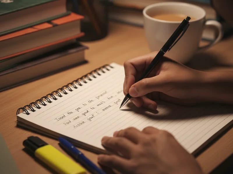 Student practising English grammar transformations in notebook