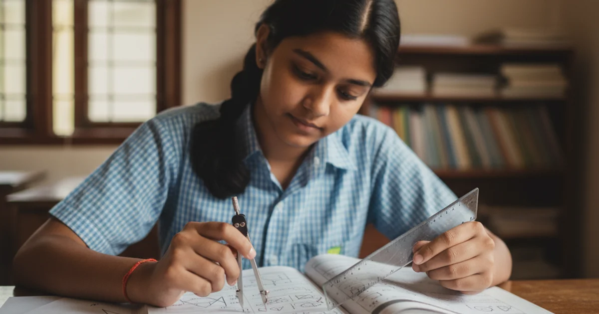 ICSE Class 10 student solving Maths problems with compass and textbook at desk