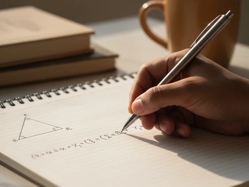 Student writing step-by-step trigonometry proof with diagram in notebook