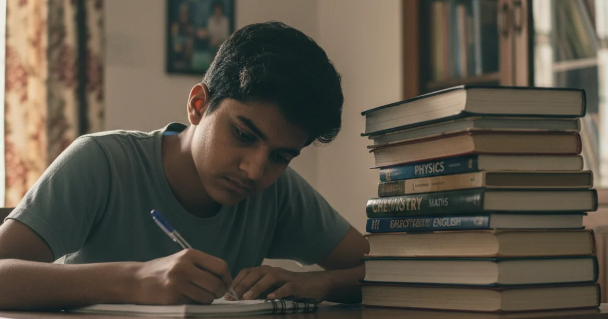 ICSE Class 10 student with multiple subject textbooks at study desk