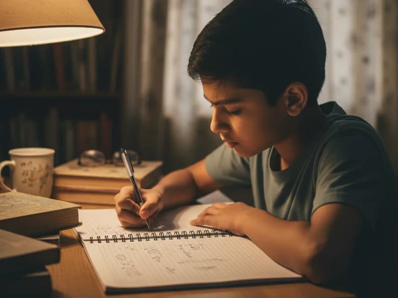 Student practising English grammar transformations in notebook