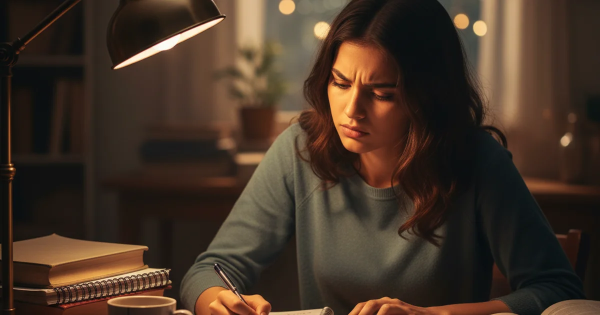 Class 12 student solving MCQ practice at desk late evening after coaching