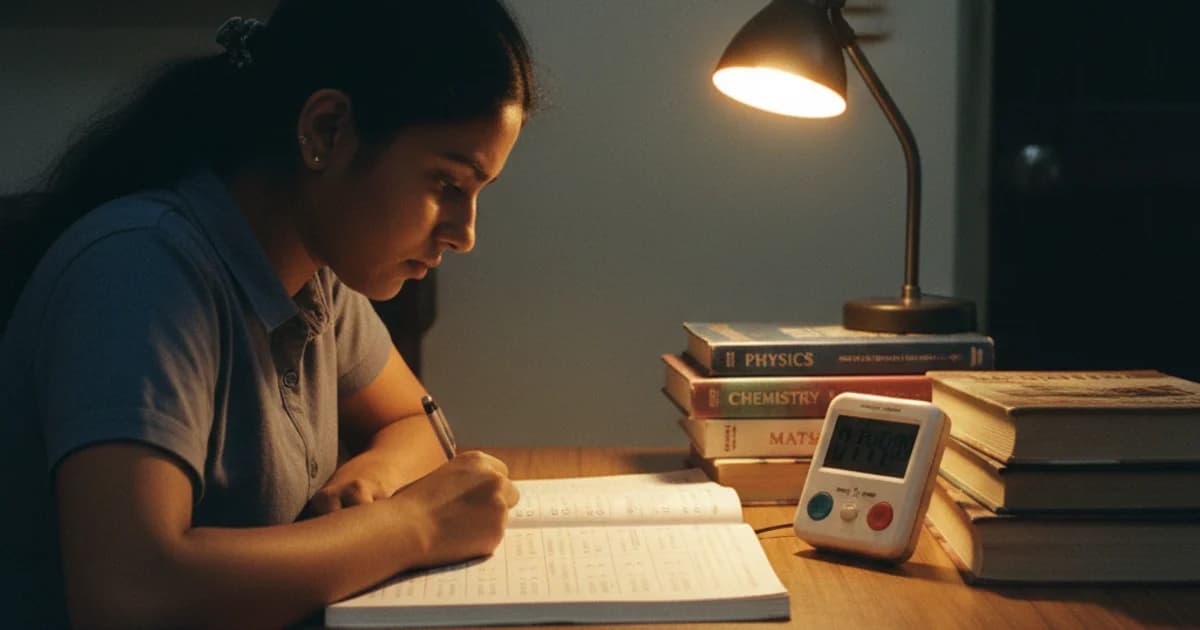 Class 12 student solving JEE NEET style MCQ practice at home desk with timer