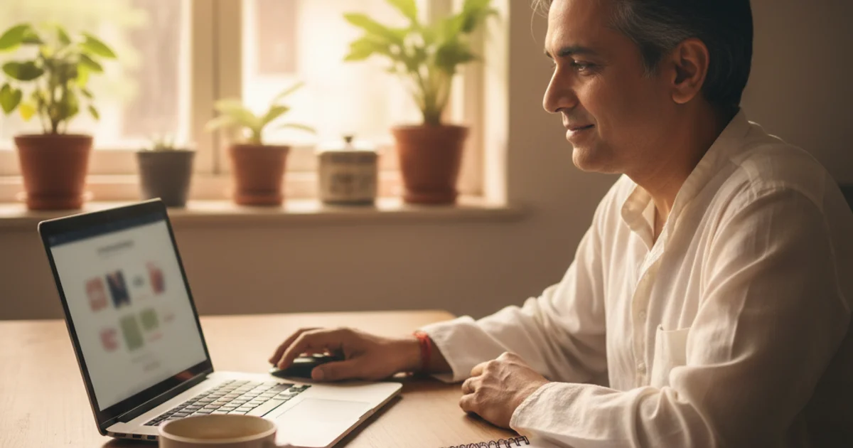 Indian parent reviewing weekly study checklist on laptop during calm Sunday morning