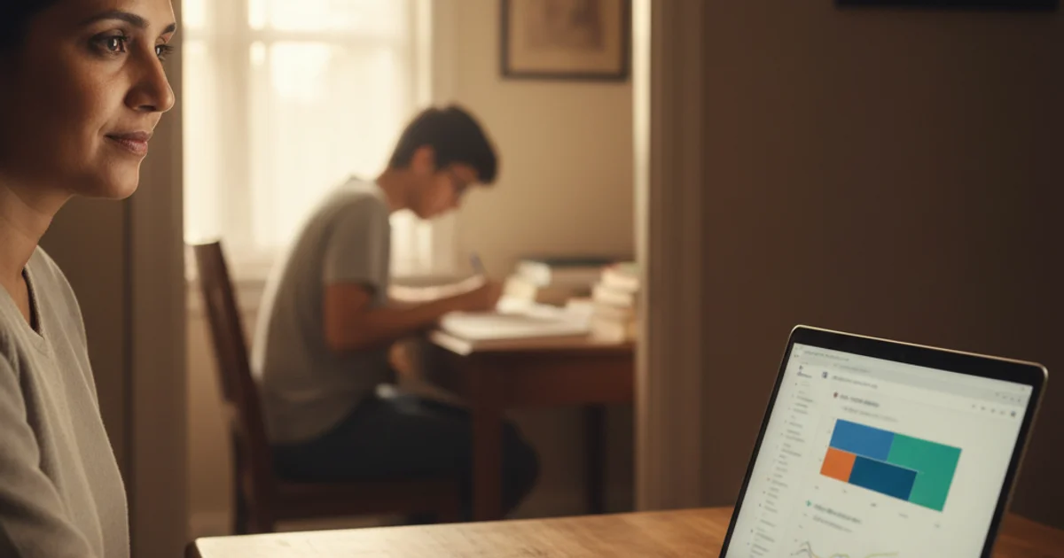 Indian parent reviewing child study progress on laptop at kitchen table, calm evening mood