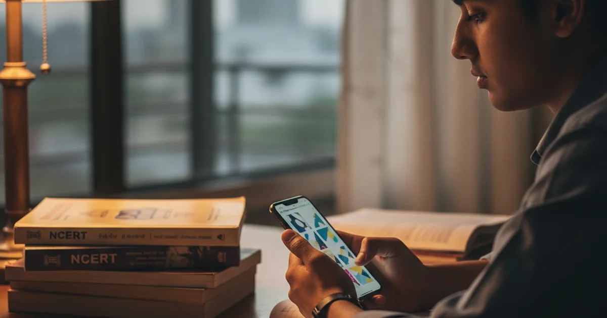 Indian student reviewing vocabulary flashcards on phone at study desk