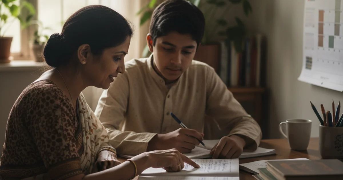 Student and parent reviewing exam calendar and study plan at desk