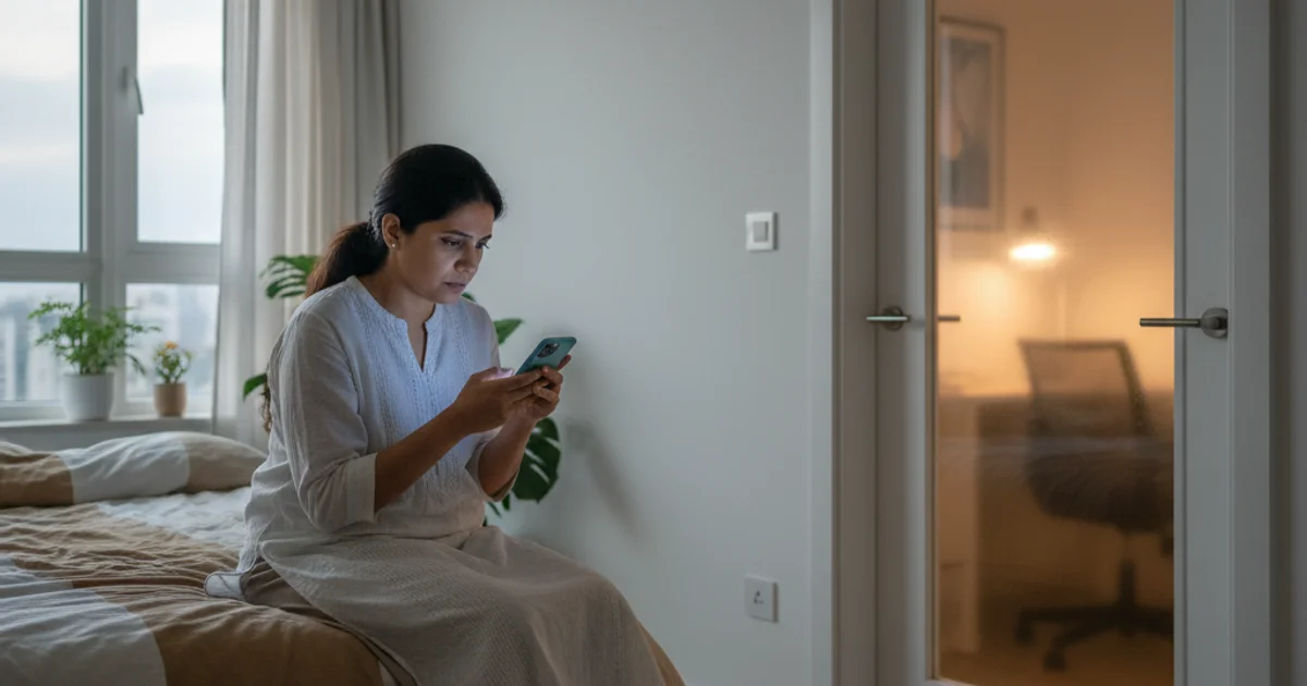 Indian working mother on phone in minimal bedroom, teen desk lamp glowing under closed door
