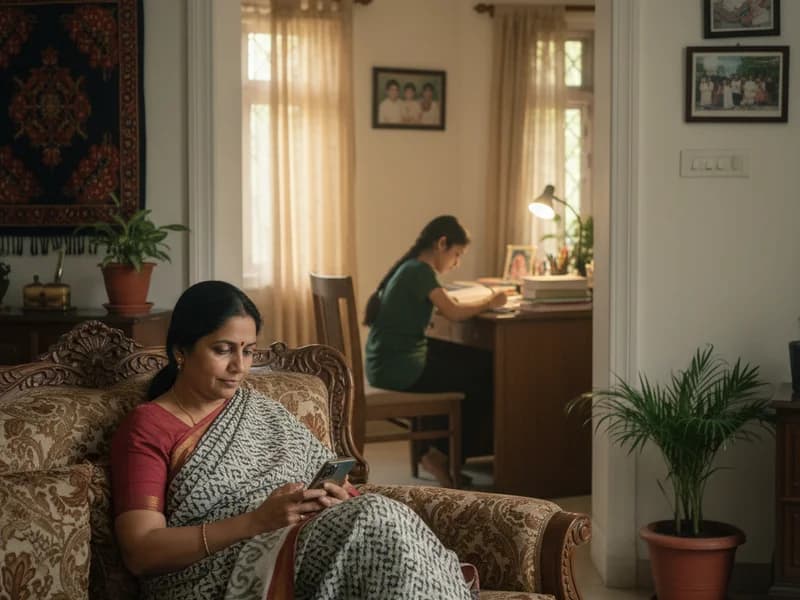 Parent muting phone notifications while teen studies at desk in background