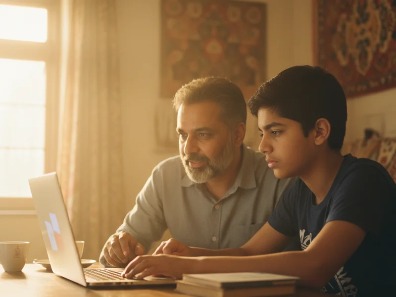 Parent and student looking at report card feedback together at table