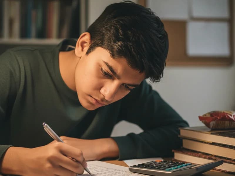 Student solving Science numericals from practice worksheet at desk