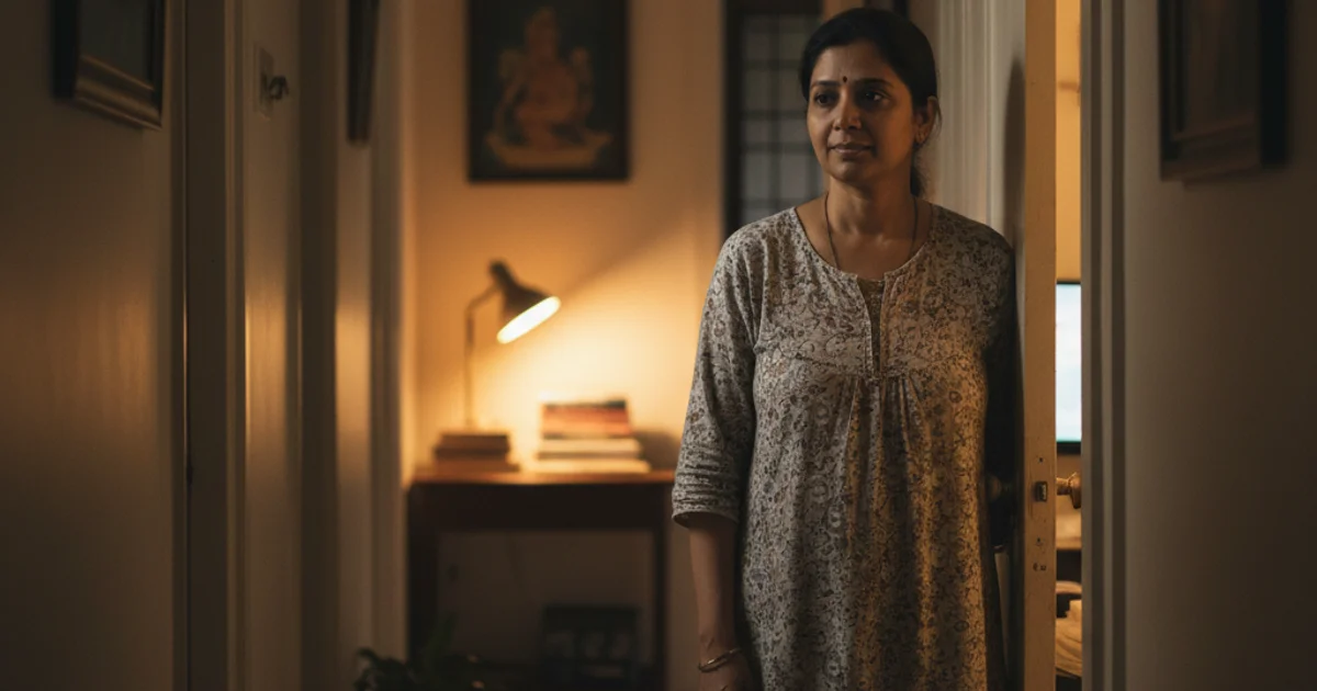Indian mother pausing at a half-closed bedroom door at night, desk lamp glowing inside