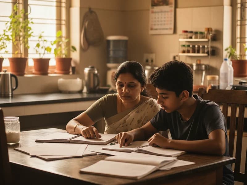 Parent and teen reviewing notebooks at a kitchen table on Thursday evening