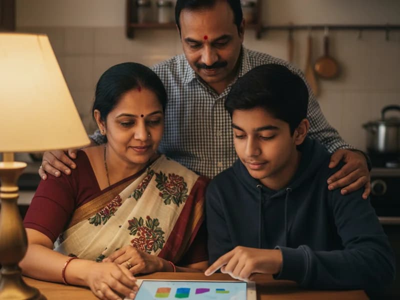 Parent and student reviewing graded report card together at kitchen table