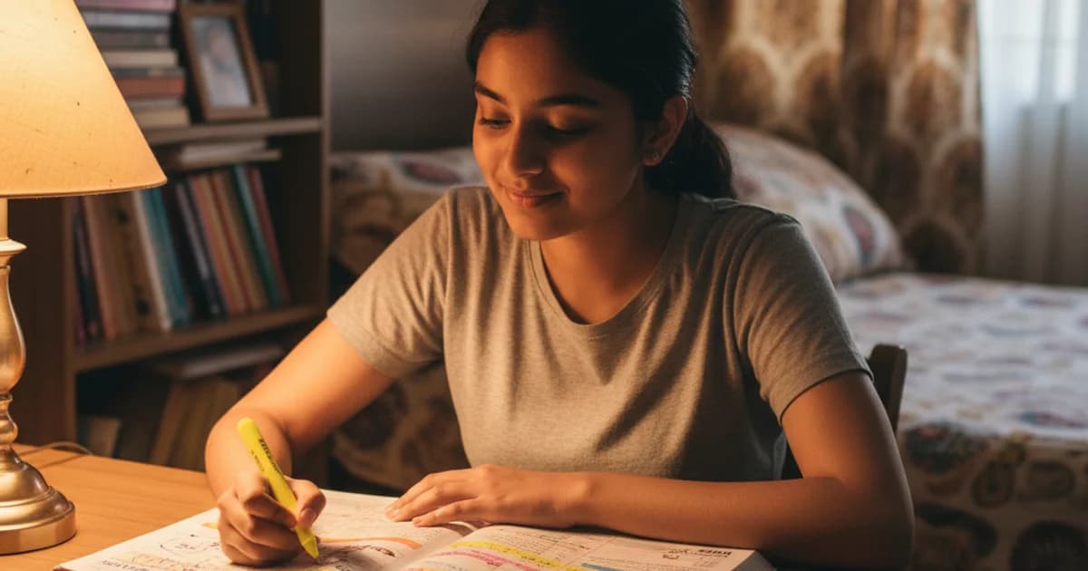 Indian Class 10 student highlighting NCERT textbook at desk with colourful notes