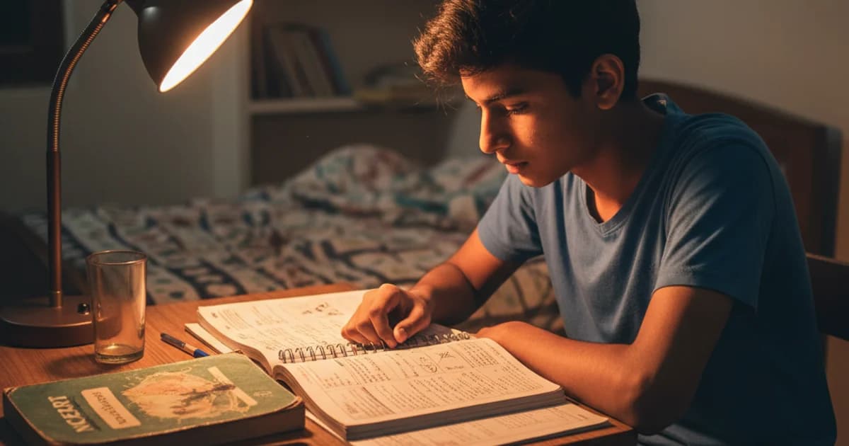 Indian Class 10 student at desk with lamp on, textbooks open, tired focused mood