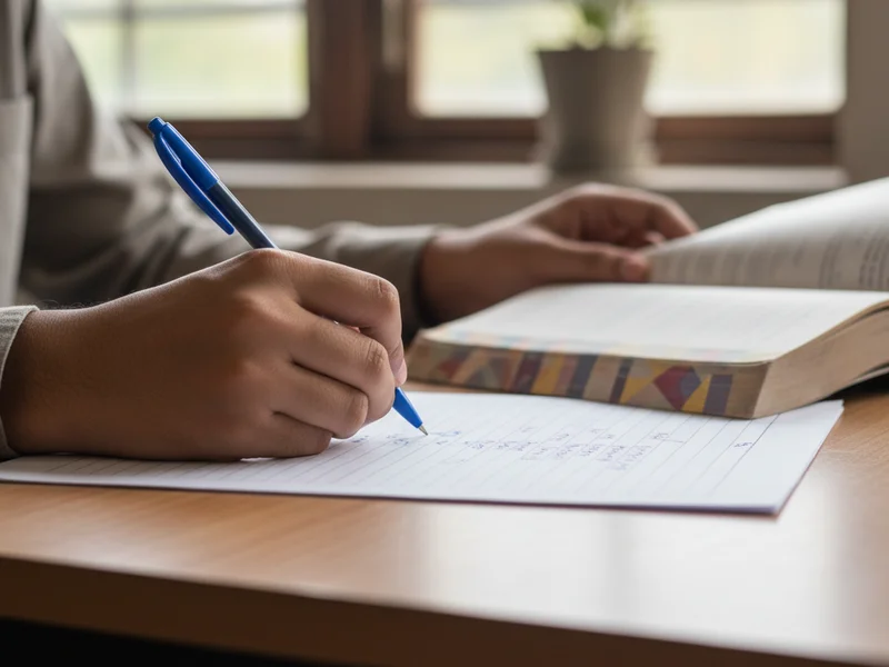 Student marking wrong steps on a graded practice paper with pen