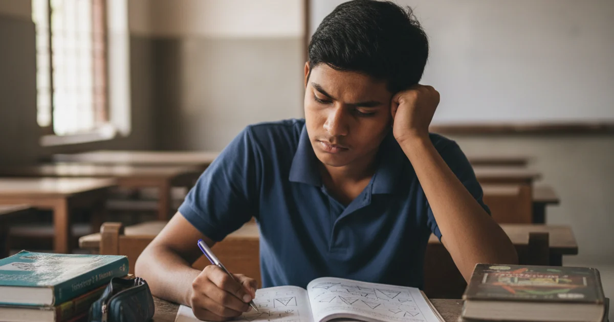 CBSE student working through logic reasoning worksheet at study desk with notebook