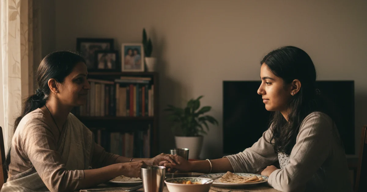 Indian mother and Class 10 daughter at dinner table, calm quiet mood