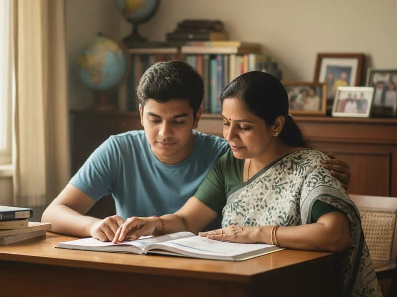 Parent and teen looking at one textbook question together at a desk